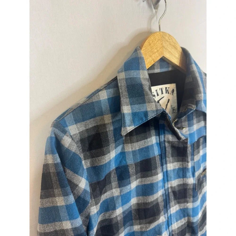 Sitka Blue Plaid Zip Up Shirt Jacket Mens Small Vancouver Island Buffalo Check